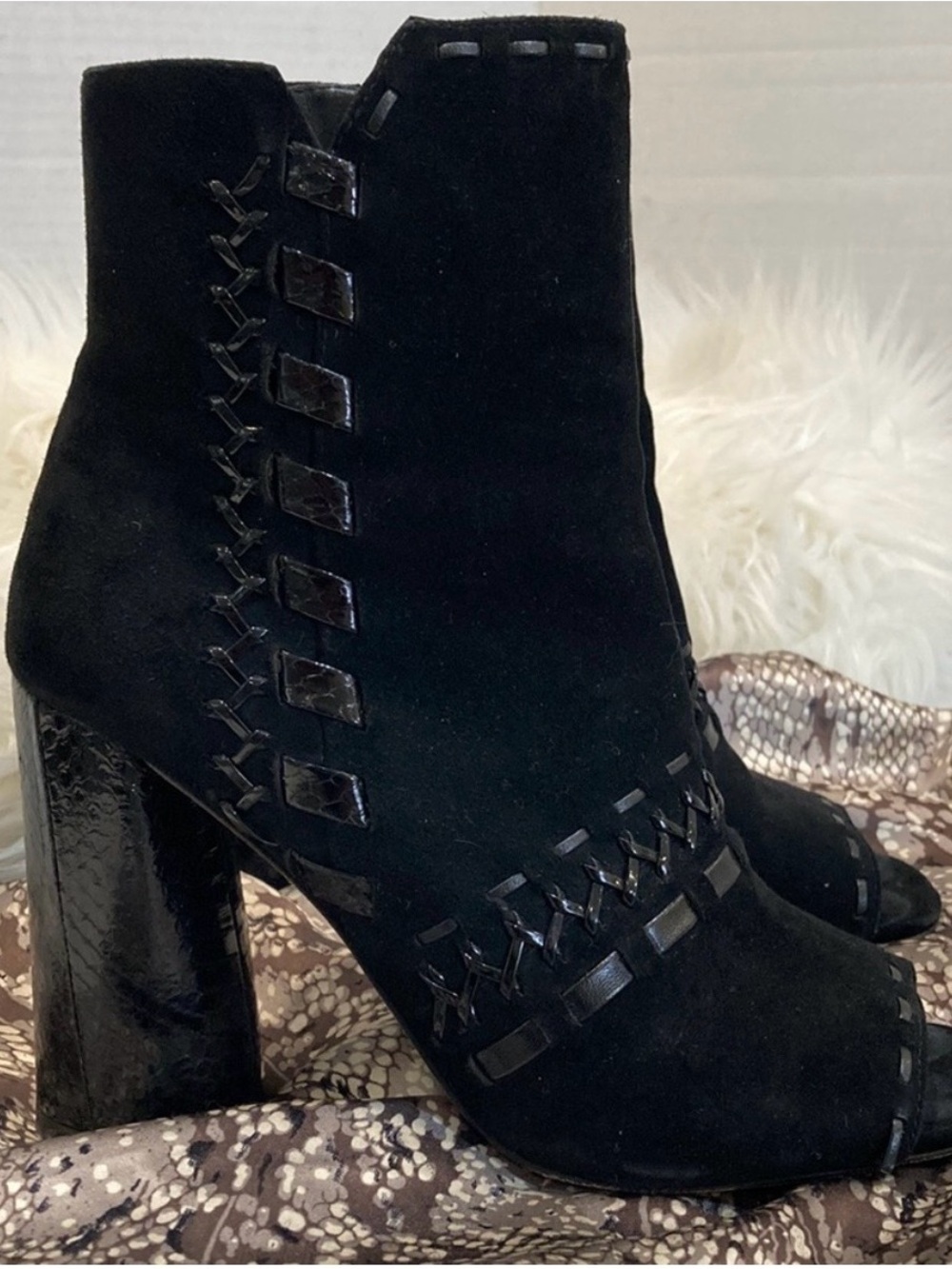 Donald J. Pliner Black Suede Peep-Toe Block Heel Booties with Woven Trim